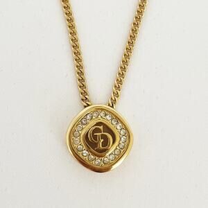 DIOR Crystal Vintage Crystal CD Pendant Necklace Gold Tone